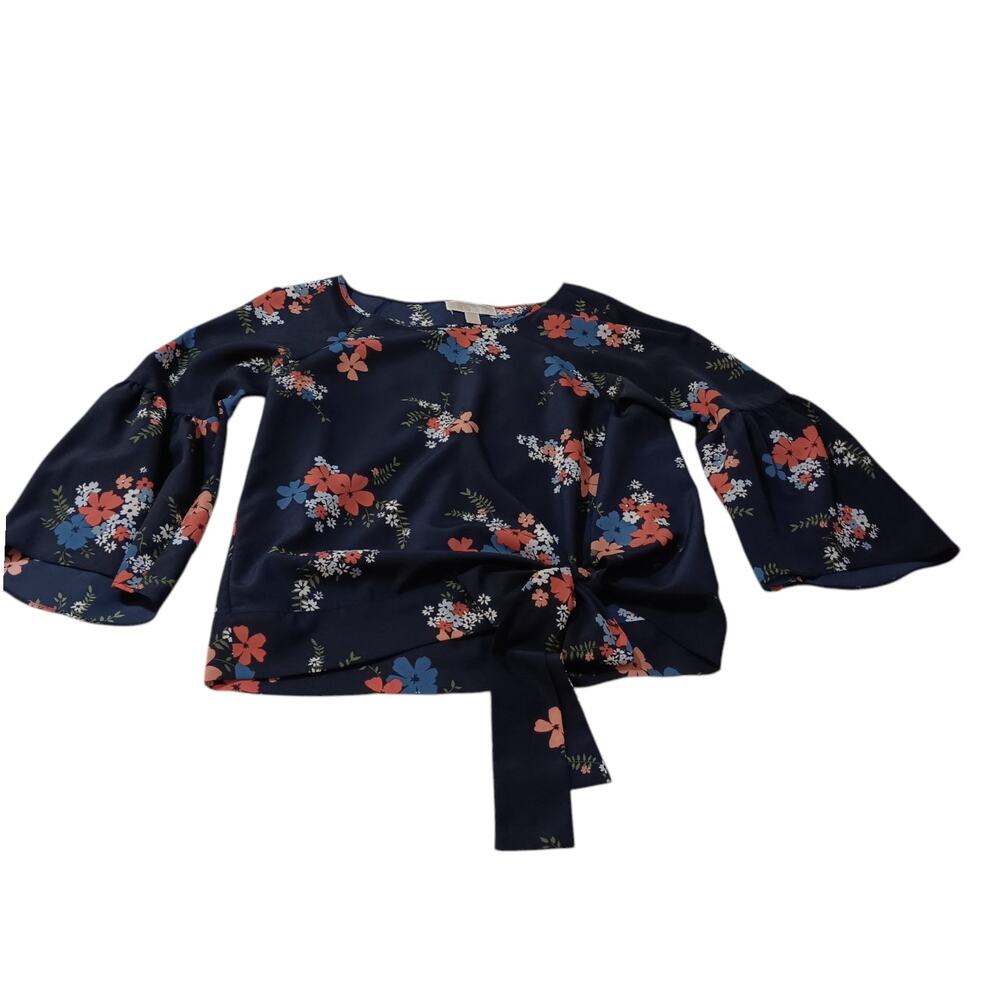 MICHAEL KORS Blouse Top S Navy Blue Floral Bell Sleeves‎ Hip Tie Cottage Career